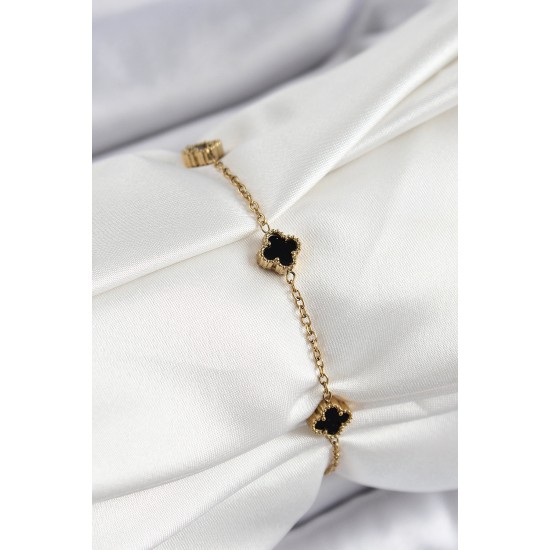 316L Çelik Siyah Sedef Yonca Model Gold Renk Kadın Bileklik - TJ-BB7359