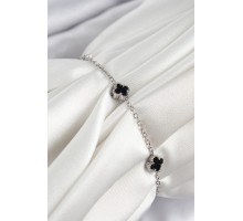 316L Çelik Siyah Sedef Yonca Model Gümüş Renk Kadın Bileklik - TJ-BB7360