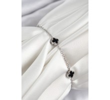 316L Çelik Siyah Sedef Yonca Model Gümüş Renk Kadın Bileklik - TJ-BB7360