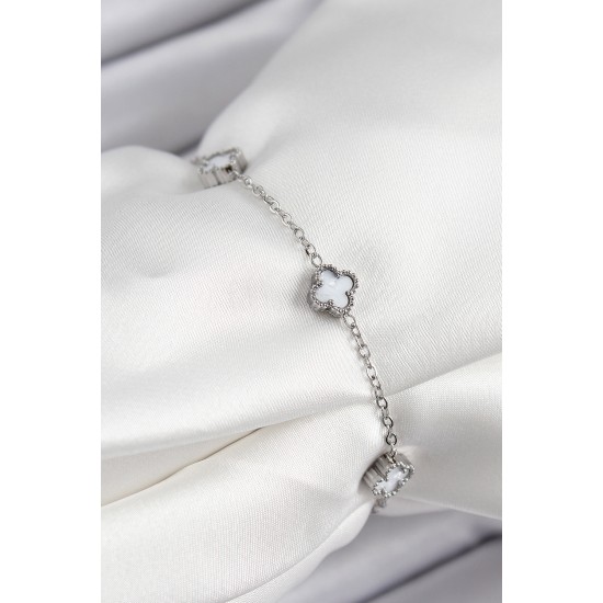 316L Çelik Beyaz Sedef Yonca Model Gümüş Renk Kadın Bileklik - TJ-BB7361