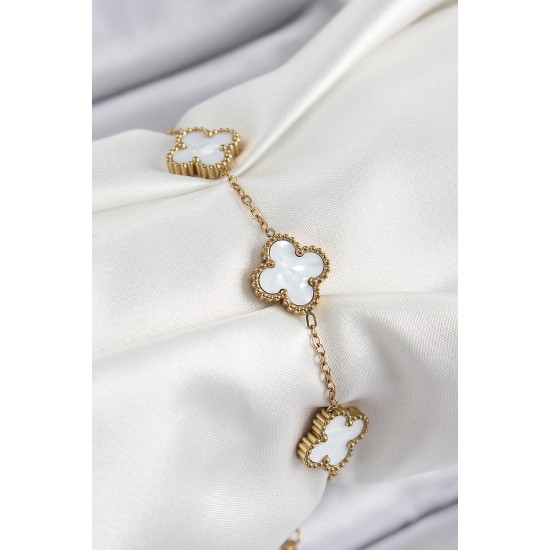 316L Çelik Beyaz Sedef Yonca Model Gold Renk Kadın Bileklik - TJ-BB7364