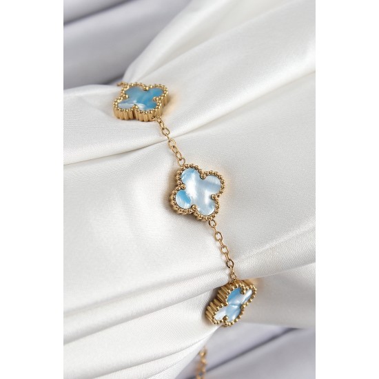 316L Çelik Mavi Sedef Yonca Model Gold Renk Kadın Bileklik - TJ-BB7366