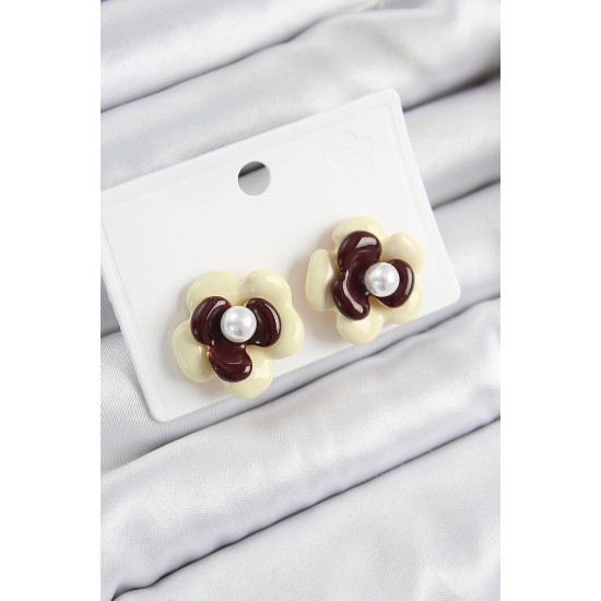 İnci Detaylı Krem Kahverengi Renk Papatya Model Kadın Küpe - TJ-BKP10859