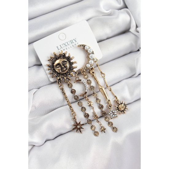 Pirinç Zirkon Taşlı Güneş Ve Ay Figürlü Eskitme Model Sallantılı Küpe - TJ-BKP10862