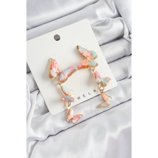 Pirinç Sedef Sallantılı Mermer Desenli Kelebek Model Gold Renk Vintage Kadın Küpe - TJ-BKP10869