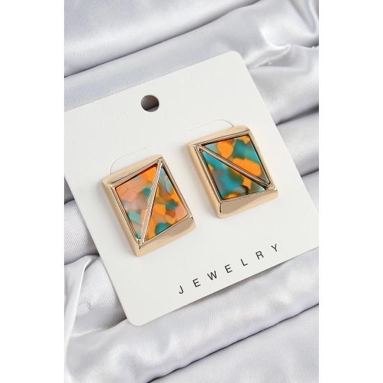 Pirinç  Turuncu Yeşil Üçgen Kesim Detaylı Kare Model Vintage Gold Renk Kadın Küpe - TJ-BKP10872