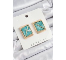 Pirinç Turkuaz Üçgen Kesim Detaylı Kare Model Vintage Gold Renk Kadın Küpe - TJ-BKP10873