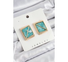 Pirinç Turkuaz Üçgen Kesim Detaylı Kare Model Vintage Gold Renk Kadın Küpe - TJ-BKP10873