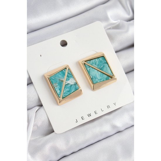 Pirinç Turkuaz Üçgen Kesim Detaylı Kare Model Vintage Gold Renk Kadın Küpe - TJ-BKP10873