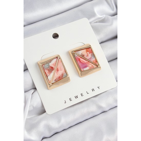 Pirinç Pembe Üçgen Kesim Detaylı Kare Model Vintage Gold Renk Kadın Küpe - TJ-BKP10874