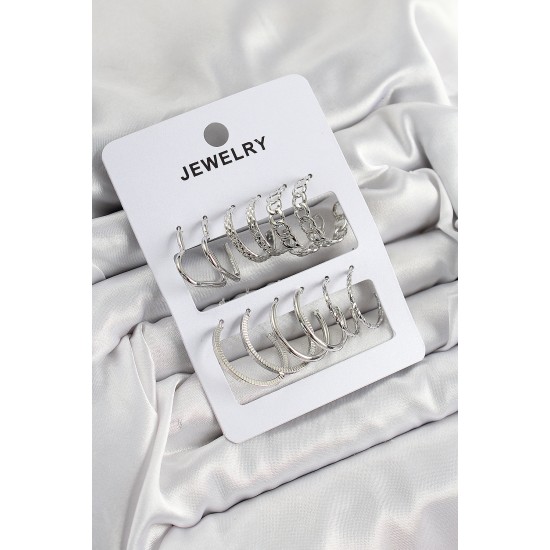 Pirinç Karışık Halka Model Gümüş Renk 6 Çift Kadın Küpe Set - TJ-BKP10876