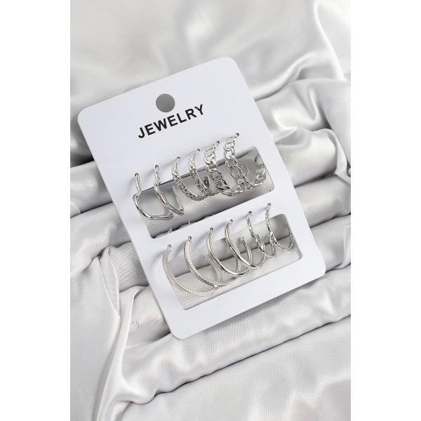 Pirinç Karışık Halka Model Gümüş Renk 6 Çift Kadın Küpe Set - TJ-BKP10876