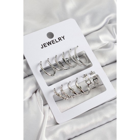Pirinç Karışık Halka Model Gümüş Renk 6 Çift Kadın Küpe Set - TJ-BKP10877