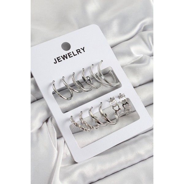 Pirinç Karışık Halka Model Gümüş Renk 6 Çift Kadın Küpe Set - TJ-BKP10877