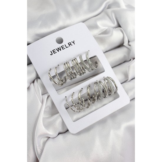Pirinç Karışık Halka Model Gümüş Renk 6 Çift Kadın Küpe Set - TJ-BKP10878