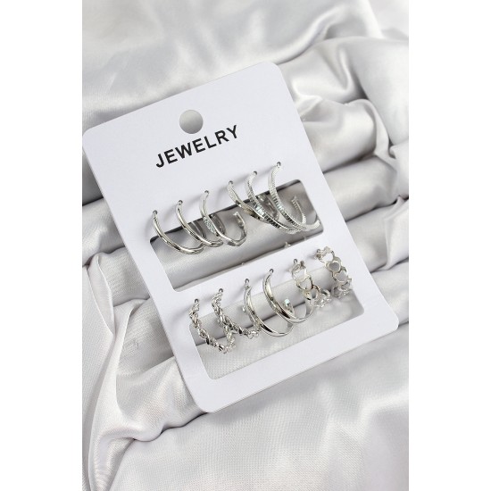 Pirinç Karışık Halka Model Gümüş Renk 6 Çift Kadın Küpe Set - TJ-BKP10879