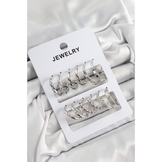 Pirinç Karışık Halka Model Gümüş Renk 6 Çift Kadın Küpe Set - TJ-BKP10880