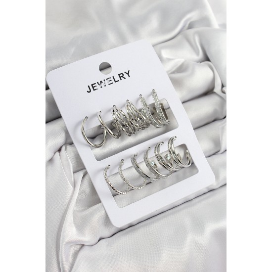 Pirinç Karışık Halka Model Gümüş Renk 6 Çift Kadın Küpe Set - TJ-BKP10881