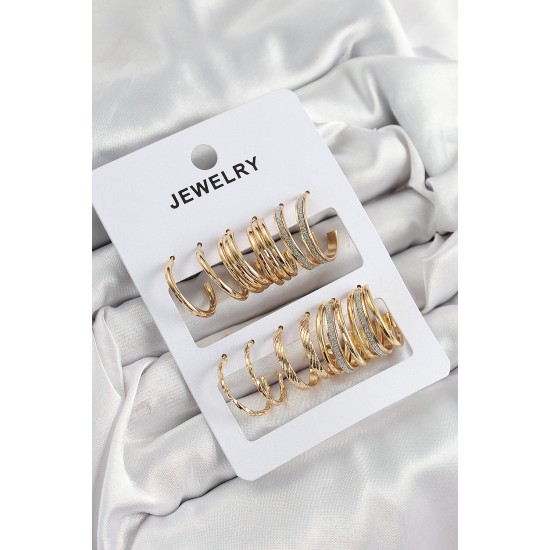Pirinç Karışık Halka Model Gold Renk 6 Çift Kadın Küpe Set - TJ-BKP10883