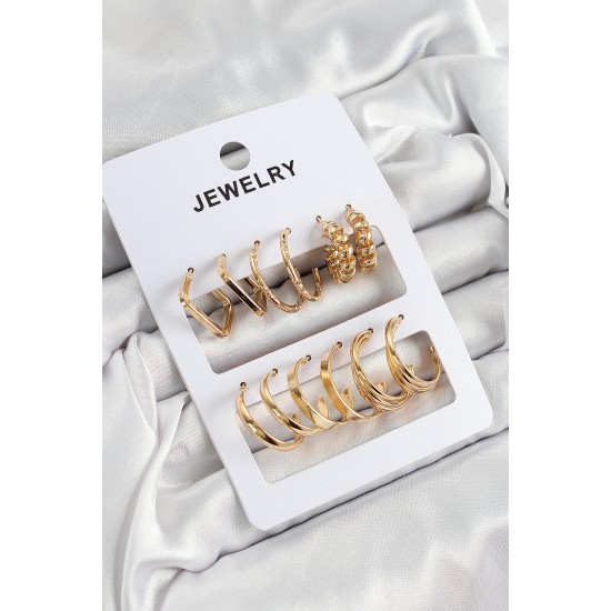 Pirinç Karışık Halka Model Gold Renk 6 Çift Kadın Küpe Set - TJ-BKP10886