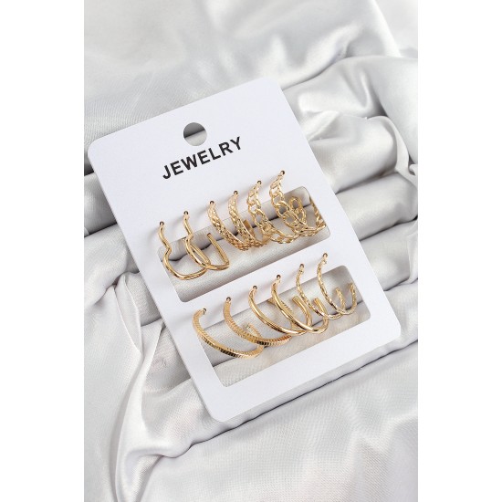 Pirinç Karışık Halka Model Gold Renk 6 Çift Kadın Küpe Set - TJ-BKP10887