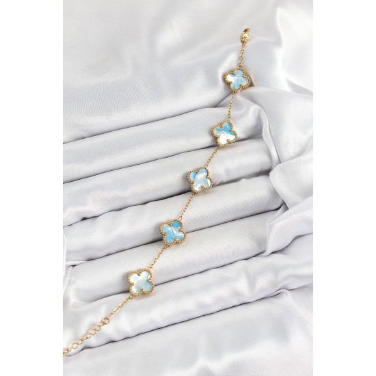 316L Çelik Mavi Sedef Yonca Model Gold Renk Kadın Bileklik - TJ-BB7366