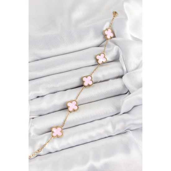 316L Çelik Pembe Sedef Yonca Model Gold Renk Kadın Bileklik - TJ-BB7365