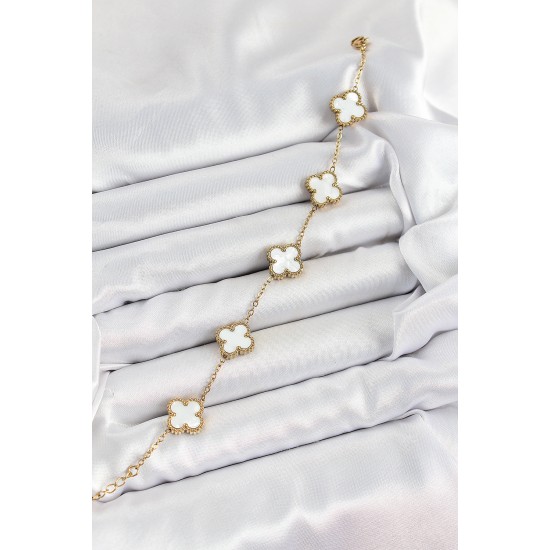 316L Çelik Beyaz Sedef Yonca Model Gold Renk Kadın Bileklik - TJ-BB7364