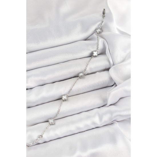 316L Çelik Beyaz Sedef Yonca Model Gümüş Renk Kadın Bileklik - TJ-BB7361