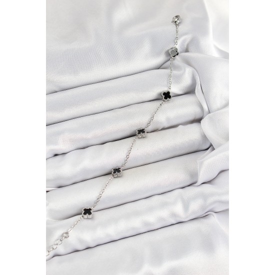 316L Çelik Siyah Sedef Yonca Model Gümüş Renk Kadın Bileklik - TJ-BB7360