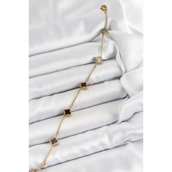 316L Çelik Siyah Sedef Yonca Model Gold Renk Kadın Bileklik - TJ-BB7359