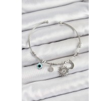 Pirinç Zirkon Taşlı Güneş Ay Ve Nazar Model Gümüş Renk Charm Bileklik - TJ-BB7346
