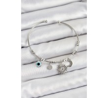 Pirinç Zirkon Taşlı Güneş Ay Ve Nazar Model Gümüş Renk Charm Bileklik TJ-BB7346