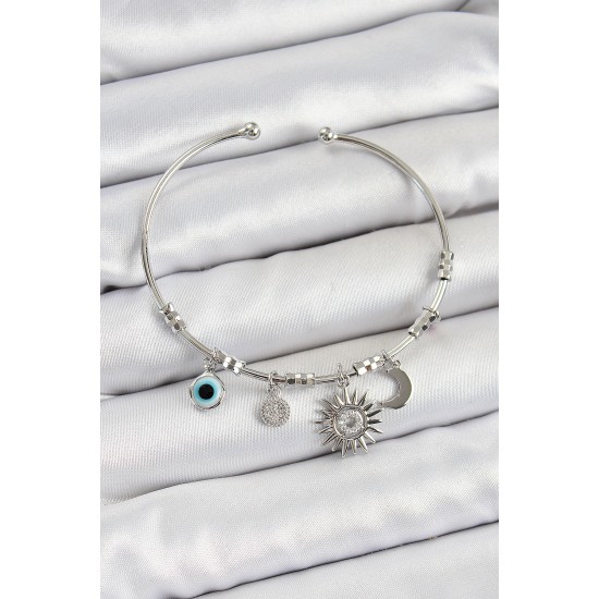 Pirinç Zirkon Taşlı Güneş Ay Ve Nazar Model Gümüş Renk Charm Bileklik - TJ-BB7346