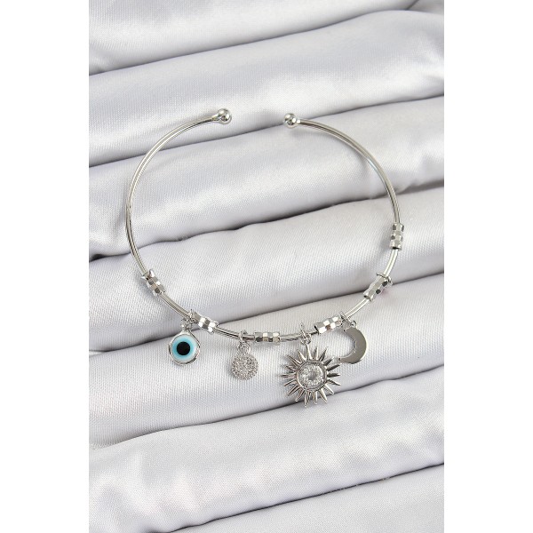 Pirinç Zirkon Taşlı Güneş Ay Ve Nazar Model Gümüş Renk Charm Bileklik - TJ-BB7346