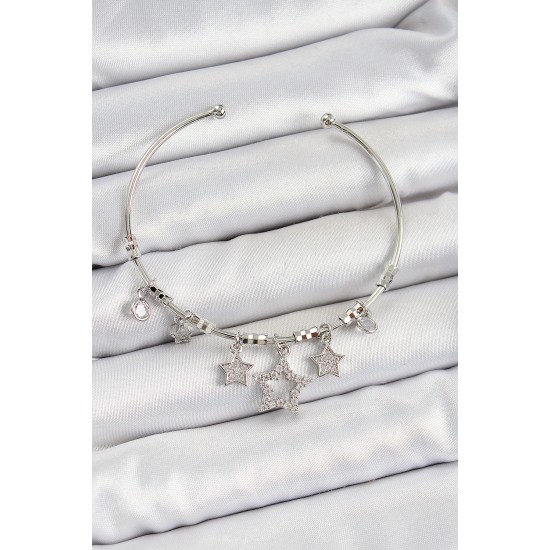 Pirinç Zirkon Taşlı Yıldız Model Gümüş Renk Charm Bileklik - TJ-BB7347