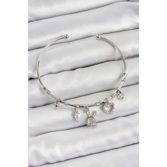 Pirinç Zirkon Taşlı Tavşan Ve Kalp Model Gümüş Renk Charm Bileklik - TJ-BB7348