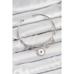 Pirinç Zirkon Taşlı Pusula Model Gümüş Renk Charm Bileklik TJ-BB7349