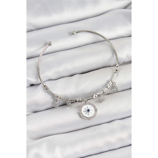 Pirinç Zirkon Taşlı Pusula Model Gümüş Renk Charm Bileklik - TJ-BB7349