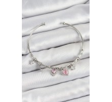Pirinç Zirkon Taşlı Pembe Kalp Model Gümüş Renk Charm Bileklik - TJ-BB7350