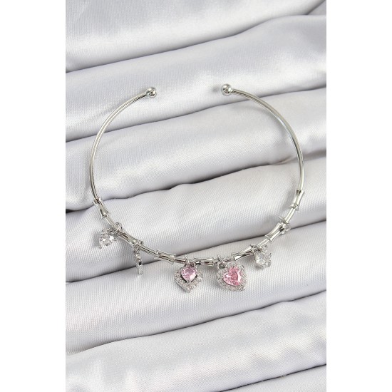 Pirinç Zirkon Taşlı Pembe Kalp Model Gümüş Renk Charm Bileklik - TJ-BB7350