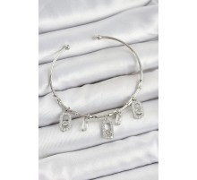 Pirinç Zirkon Taşlı Dikdörtgen Model Gümüş Renk Charm Bileklik - TJ-BB7351