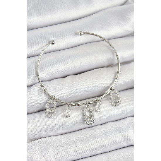 Pirinç Zirkon Taşlı Dikdörtgen Model Gümüş Renk Charm Bileklik - TJ-BB7351