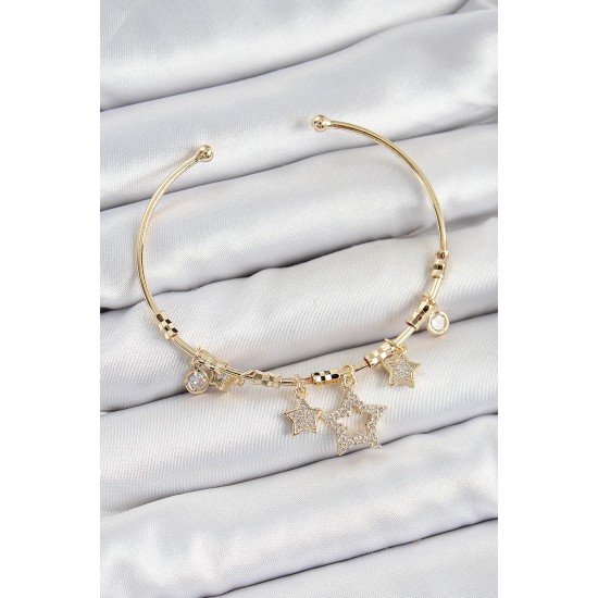 Pirinç Zirkon Taşlı Yıldız Model Gold Renk Charm Bileklik - TJ-BB7352