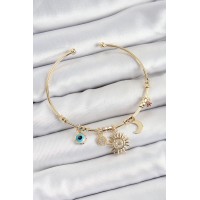 Pirinç Zirkon Taşlı Güneş Ay Nazar Model Gold Renk Charm Bileklik TJ-BB7354