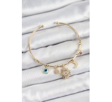 Pirinç Zirkon Taşlı Güneş Ay Nazar Model Gold Renk Charm Bileklik - TJ-BB7354