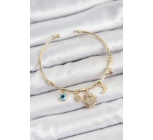 Pirinç Zirkon Taşlı Güneş Ay Nazar Model Gold Renk Charm Bileklik - TJ-BB7354