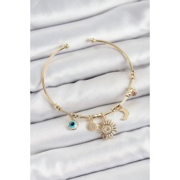 Pirinç Zirkon Taşlı Güneş Ay Nazar Model Gold Renk Charm Bileklik TJ-BB7354