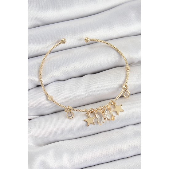 Pirinç Zirkon Taşlı Kelebek Ve Yıldız Model Gold Renk Charm Bileklik - TJ-BB7355