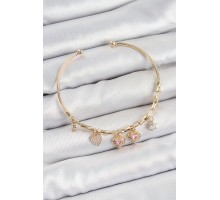 Pirinç Zirkon Taşlı Pembe Kalp Model Gold Renk Charm Bileklik - TJ-BB7356